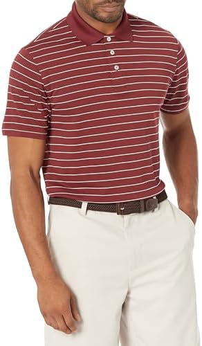 Amazon Essentials Men's Golf Polo Shirt, Short Sleeve, Slim-Fit, Quick-Dry, Burgundy Stripe, Large