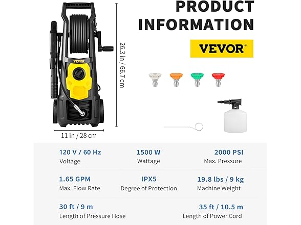 VEVOR Electric Pressure Washer, 2000 PSI 1.65GPM