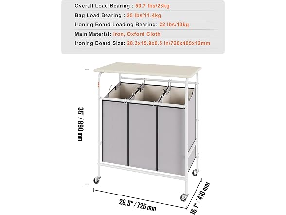 3-Section Laundry Sorter Cart with Ironing