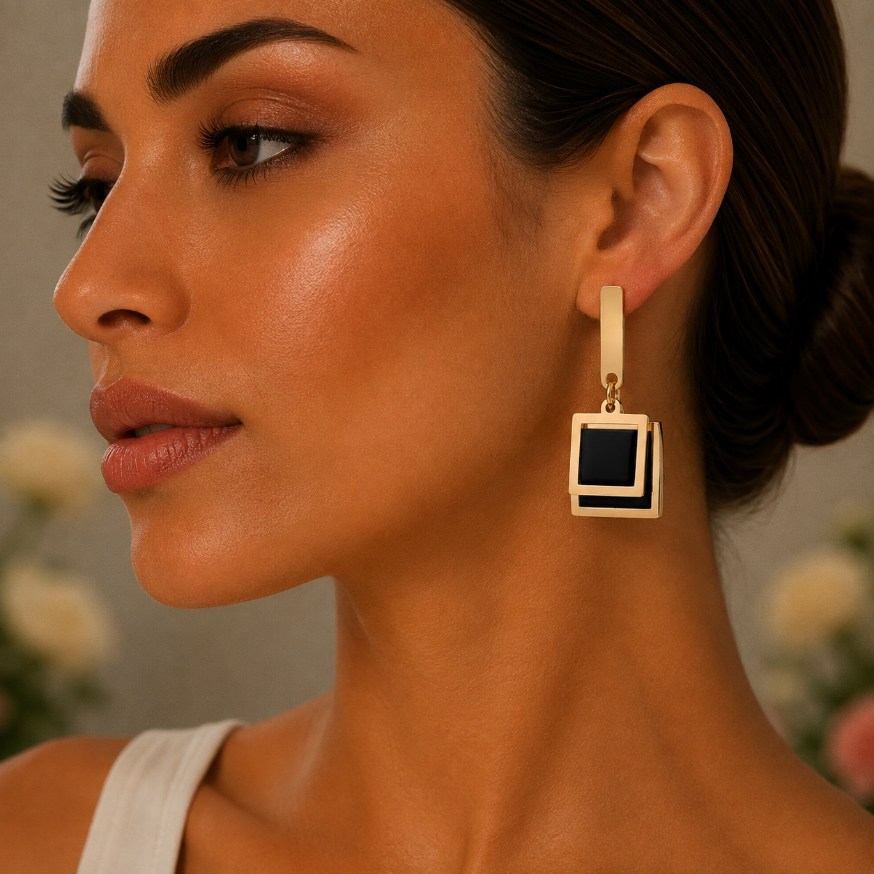 18K Gold Black Square Drop Earrings - Gallery 6