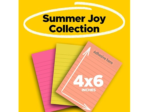 Post-it Super Sticky Notes, 4 x 6 in, Summer Joy, 3 Lined Pads