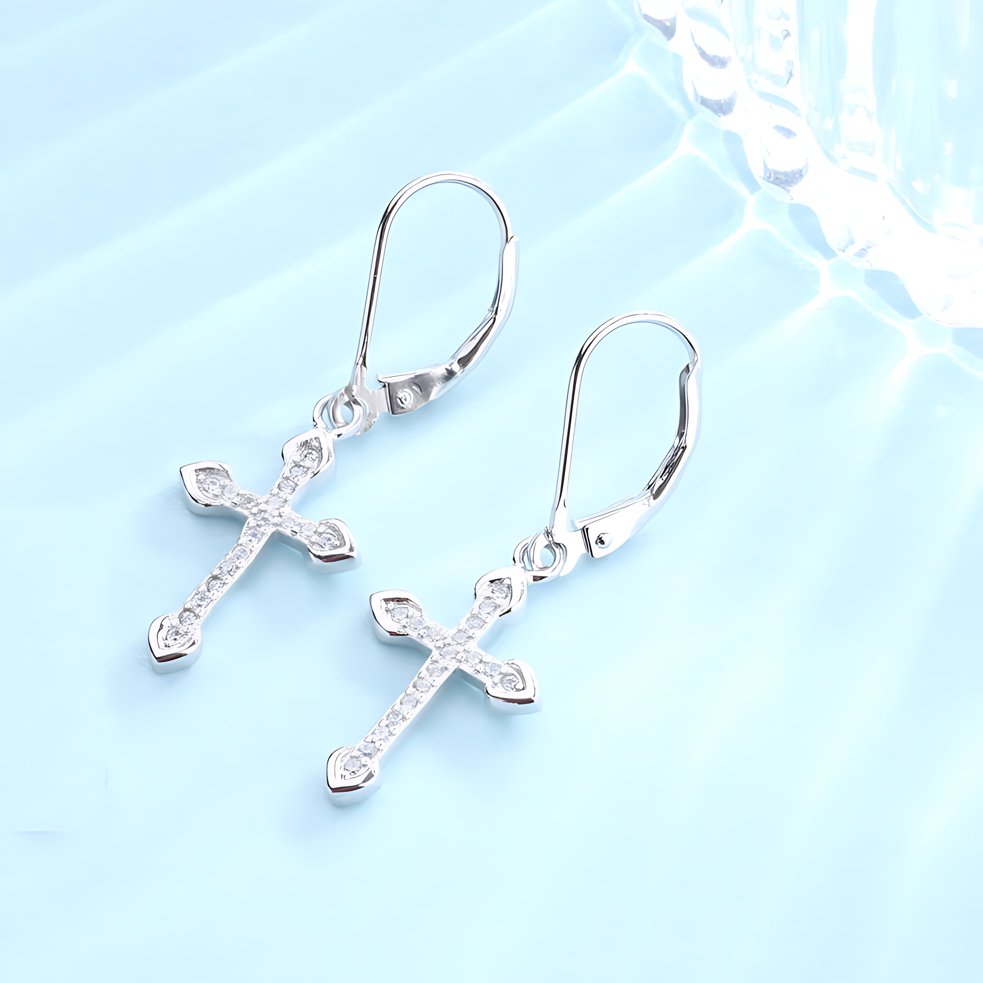 18K White Gold Leverback Cross Earrings - Gallery 4