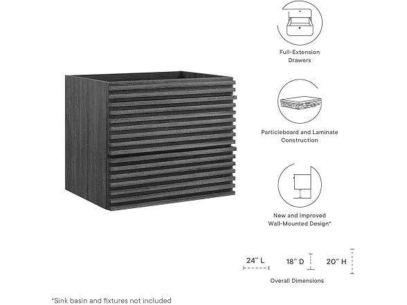 24 in. Render WALL-Mount Bathroom Vanity Cabinet, Charcoal