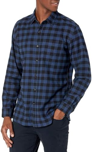Amazon Essentials Men's Long-Sleeve Flannel Shirt (Available in Big & Tall), Black Blue Buffalo Plaid, X-Small