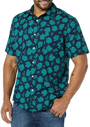 Amazon Essentials Short Sleeve Shirt for Men, Available in Big & Tall, Navy Leaf Print, Large