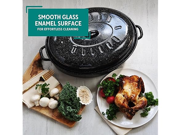 MIRRO 18in Enamel Oval Roaster with Lid, Black