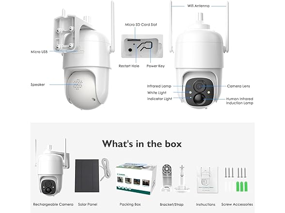 Allweviee Security Cameras Wireless Outdoor, 2K 3MP Pan Tilt 355° View IP65 Waterproof Rechargeable Battery Powered PTZ WiFi Solar Camera with PIR, Color Night Vision,2-Way Talk,Cloud/SD (Open Box)