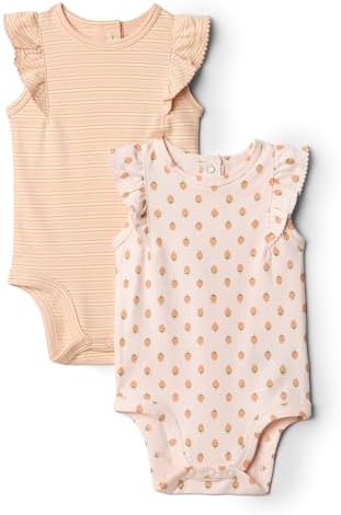 Amazon Essentials x Sofia Grainge Baby Girls' Embroidered Ruffle Bodysuit, Pack of 2, Strawberry/Stripe, 18 Months
