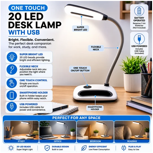 One Touch 20 LED Desk Lamp with USB - Gallery 5