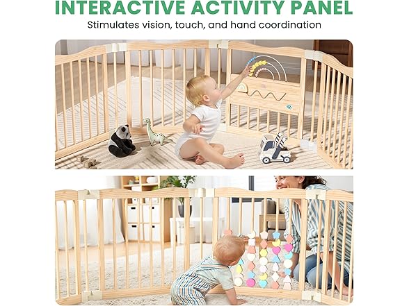 Foldable Wooden Playpen - Adjustable Wood Baby Play Yard with Child-Proof Lock, Indoor Large Safety Fence for Babies and Toddlers - Easy Assembly, 55 x 55 x 24 inches, Rainbow Dream, Natural (Open Box)