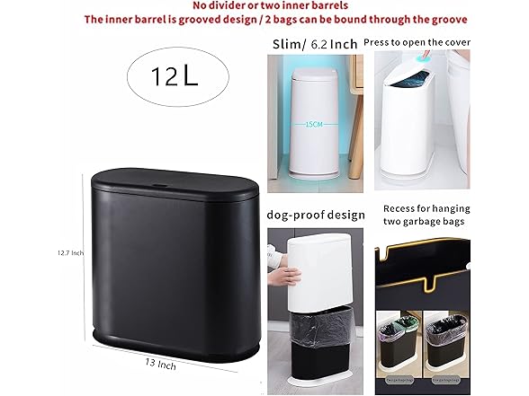 3.17G/12L Black Slim Bathroom Trash Can