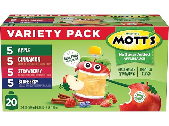 20PK Mott's No Sugar Added Applesauce 4 Flavor Variety