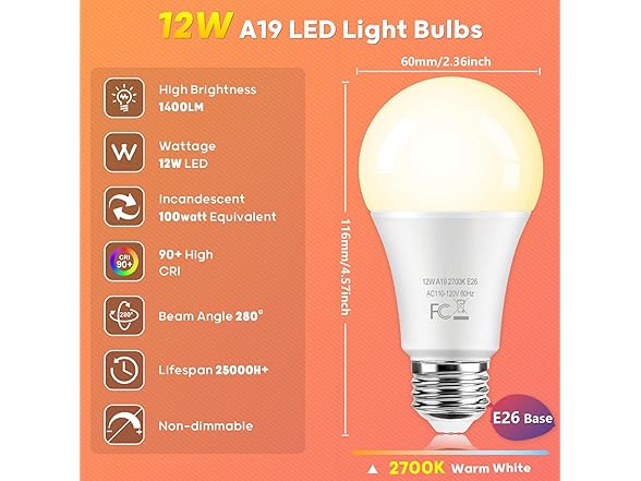 TOBUSA 12-Pack A19 LED Light Bulbs 2700K