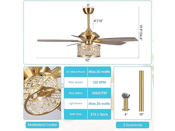 Parrot Uncle F6338MSQ-PU 52" Gold Crystal Ceiling Fan