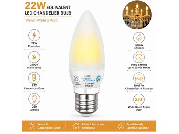 2-Pack 22W Equivalent Chandelier B11 E12 LED Light Bulb