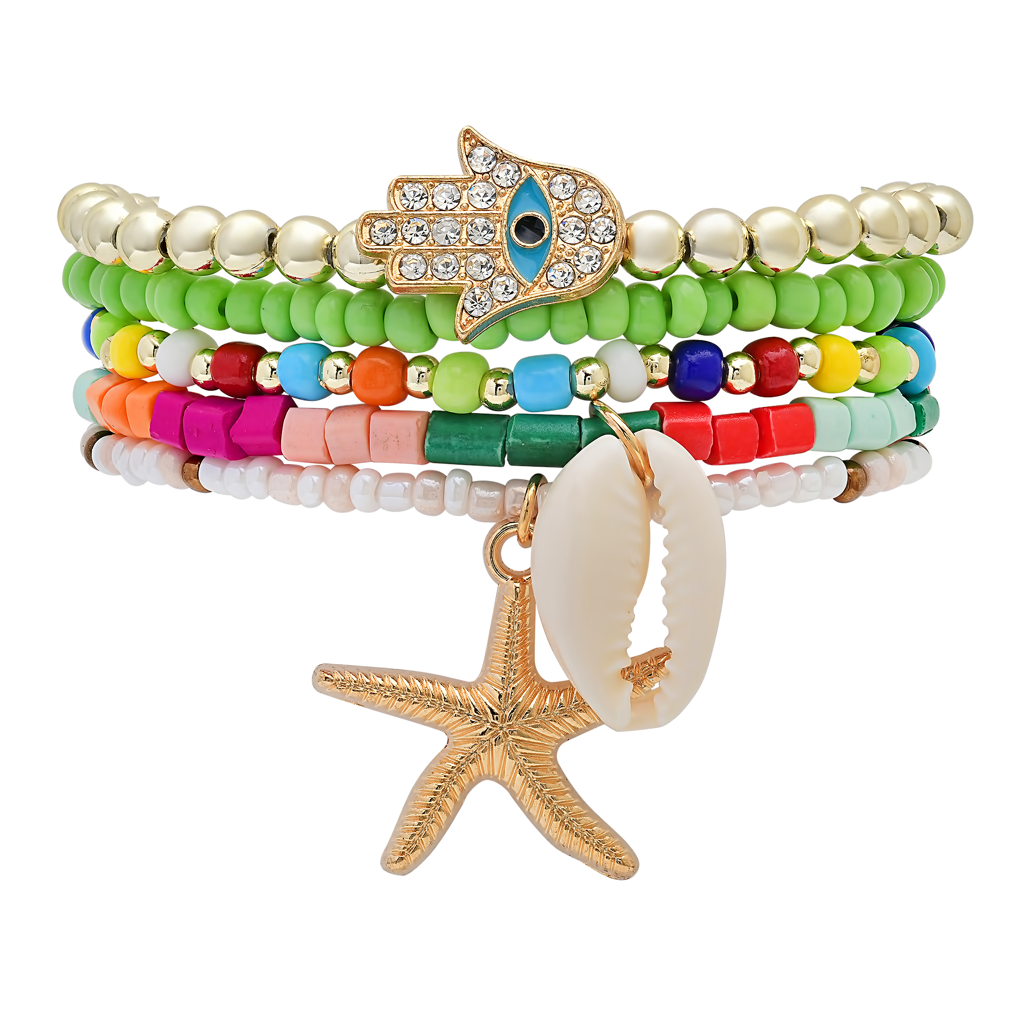 Stretch Beaded Bracelet Stack with Starfish & Shell Charm - Gallery 4