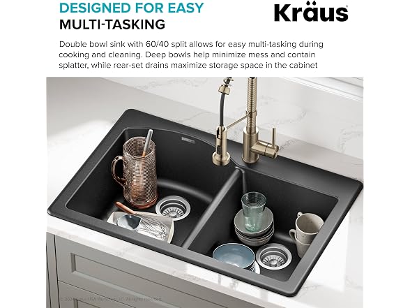 KRAUS Black 33 in Double Bowl Granite Kitchen Sink