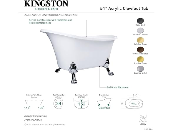 Kingston Brass Clawfoot Tub,Glossy White/Polished Chrome