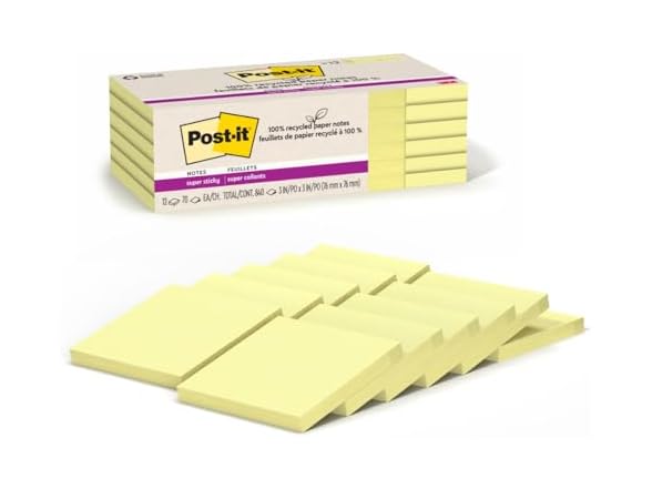 Post-it 100% Recycled Super Sticky Notes, 3 x 3 in, Canary Yellow, 12 Pads