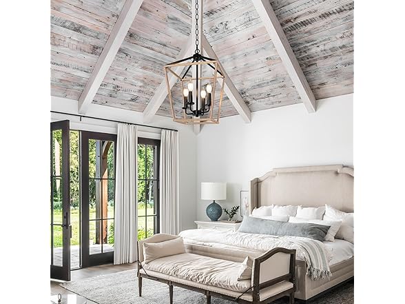 Farmhouse Chandelier 4-Light, Oak Wood Light Fixture
