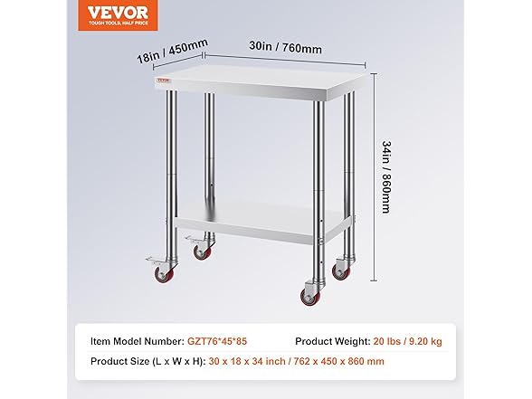 VEVOR Stainless Steel Work Table 30 x 18 x 34 Inch