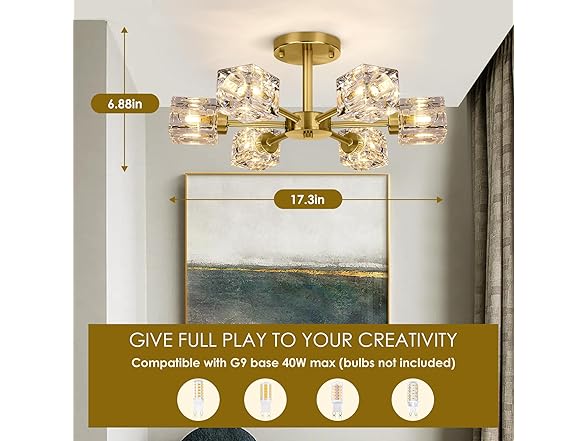 Modern Crystal Chandelier, 6-Light Gold Flush Ceiling Light