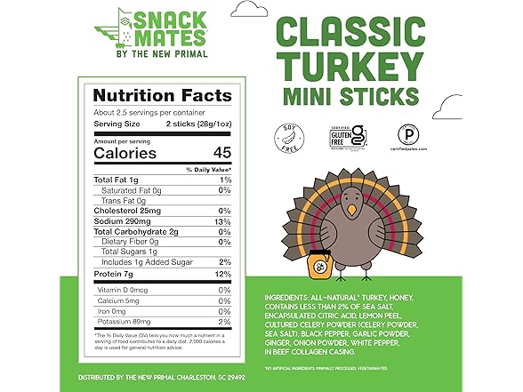 New Primal Snack Mates Turkey Sticks, Gl