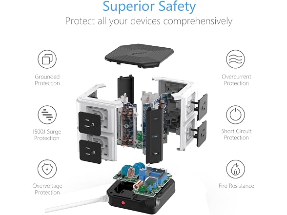 BESTEK Power Strip Tower with Wireless Charger