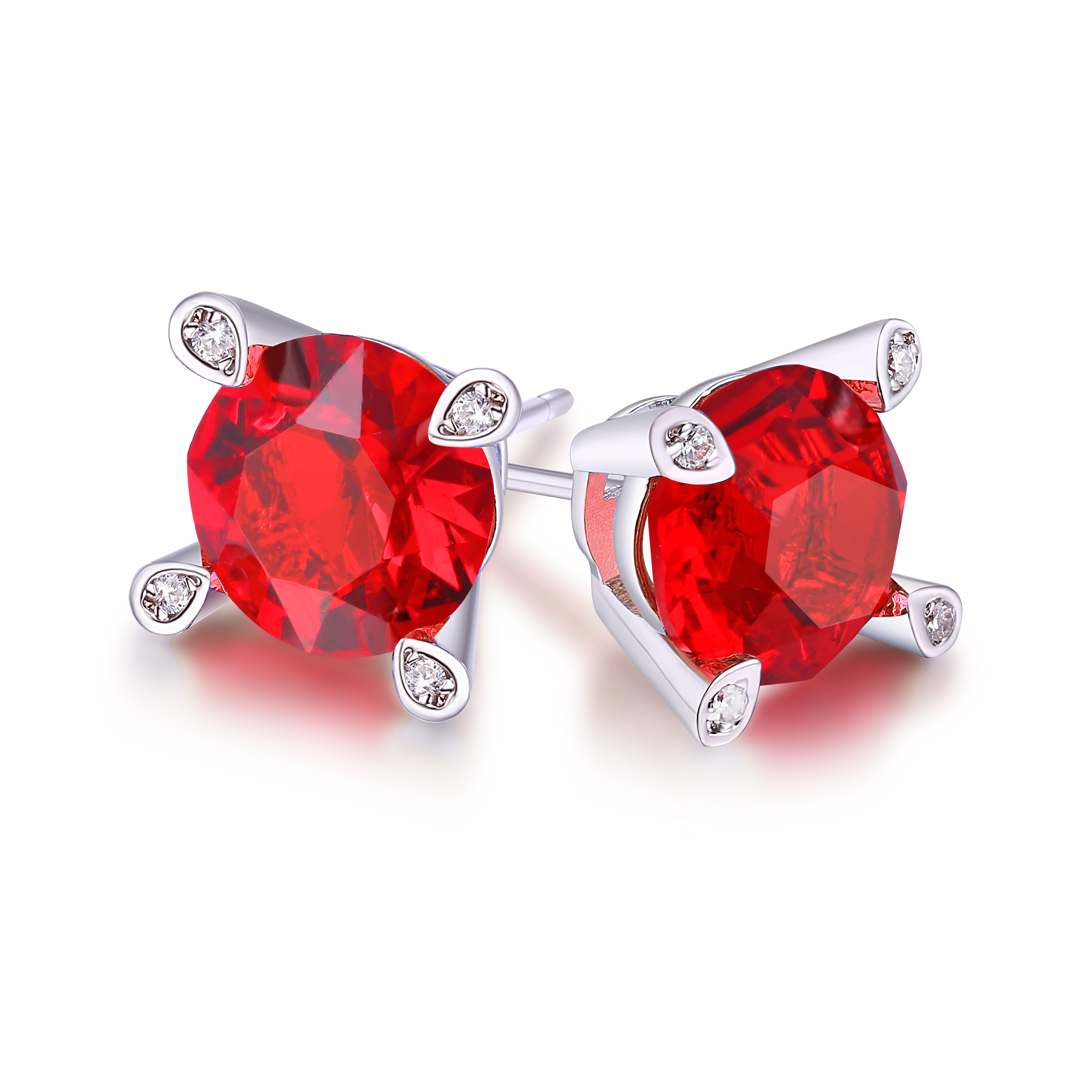 14k White Gold Plated Ruby Studs - Gallery 4