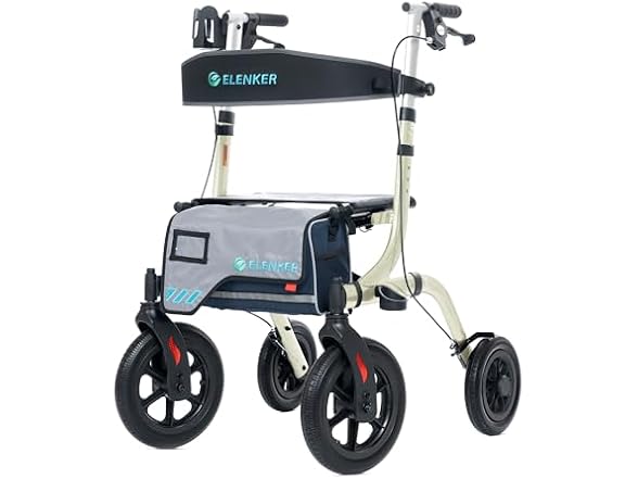 ELENKER All-Terrain Rollator Walker with Seat, Outdoor Rolling Walker, 12” Non-Pneumatic Tire Front Wheels, Compact Folding Design for Seniors, Champagne (Open Box)