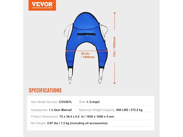 VEVOR Patient Lift Sling with Head Support- Large Size