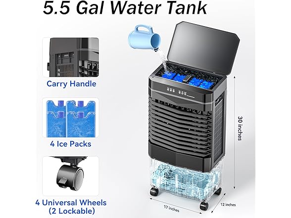 Auertech 5.5 Gal Swamp Cooler, 1800 CFM Evaporative Air Cooler with 3 Speeds, 12H Timer, 120°Oscillation, Windowless Room Cooling Fan with 4 Ice Packs, Portable Air Cooler for Indoor, Garage, Bedroom (Open Box)