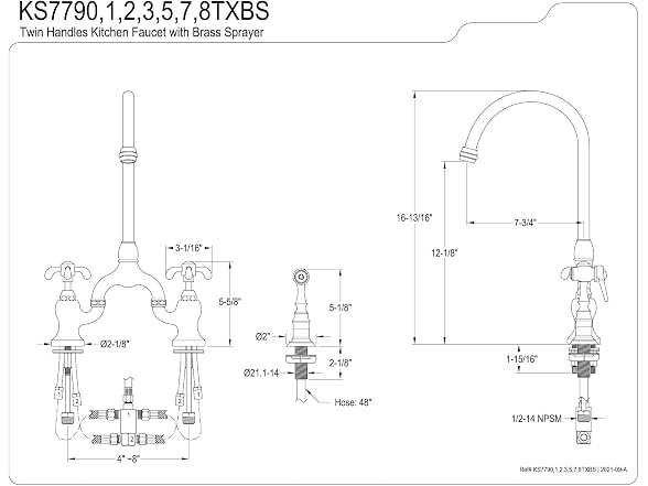 Kingston KS7793TXBS Bridge Kitchen Faucet w Sprayer