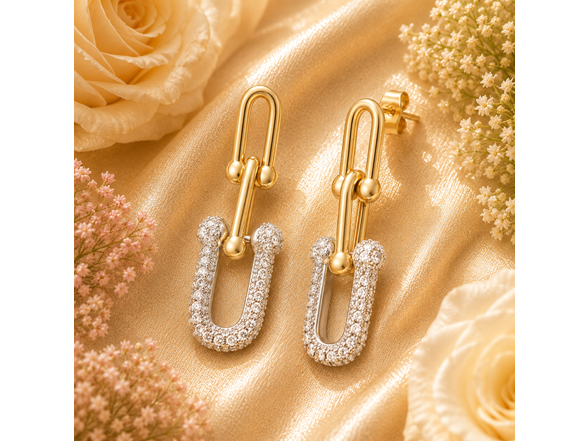 18K Gold Plated CZ Link Drop Earrings