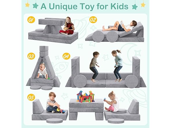 12PCS Modular Kids Play Couch, Gray