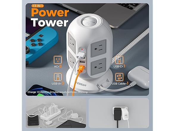TESSAN 10ft Cord Power Tower (8 Outlets, 2 USB-C, 3 USB-A)