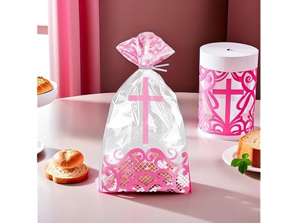 Fancy Pink Cross Cellophane Bags - 5" x 11" (20)