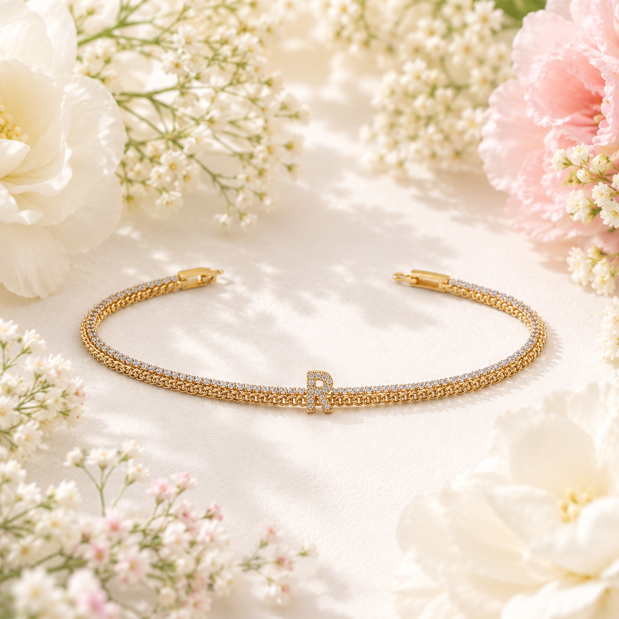 18K Gold Initial Tennis Cuban Bracelet - Gallery 14