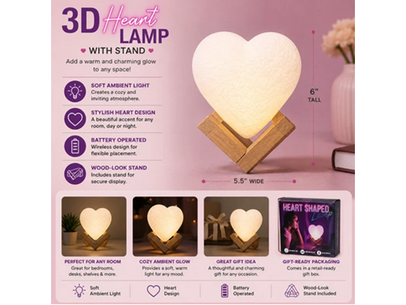 3D Heart Lamp with Stand LED Acrylic Heart Night Light