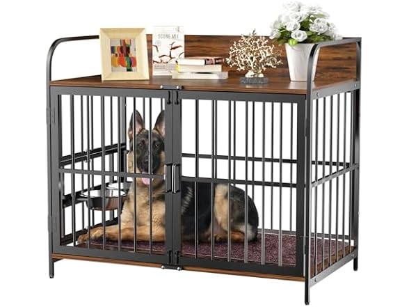 Large Dog Crate End Table with Bowls