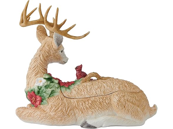 Fitz and Floyd Poinsettia Holiday Deer Figurine Cookie Jar