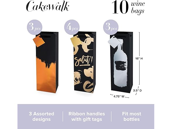 Cakewalk Assorted Metallic Brushstroke Wine Gift Bags