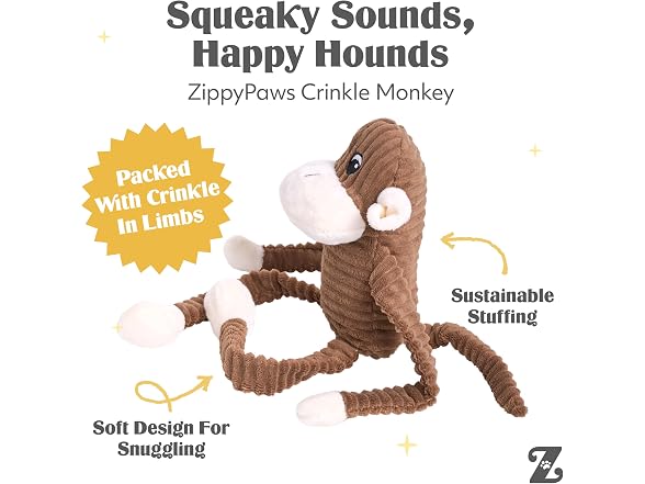 ZippyPaws Crinkle Monkey for Medium-Extra La