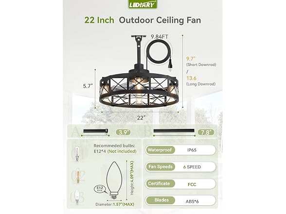LEDIARY Black 22" Outdoor Ceiling Fan with Lights