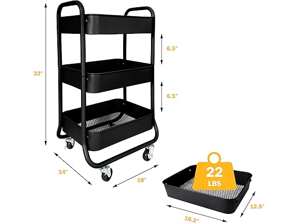 HOMESTEAD 3-Tier Rolling Cart - Heavy Duty, Black