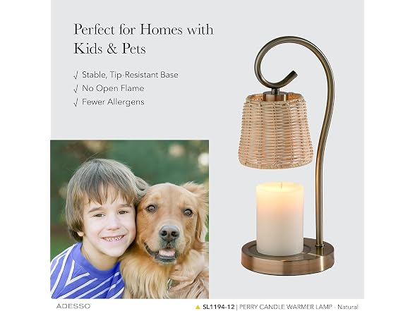 Adesso Candle Warmer Lamp, Antique Brass & Rattan, Dimmable