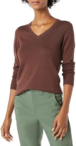 Amazon Essentials Women's Regular-Fit Lightweight Long-Sleeve V-Neck Sweater (Available in Plus Size), Dark Chestnut Brown Heather, Medium