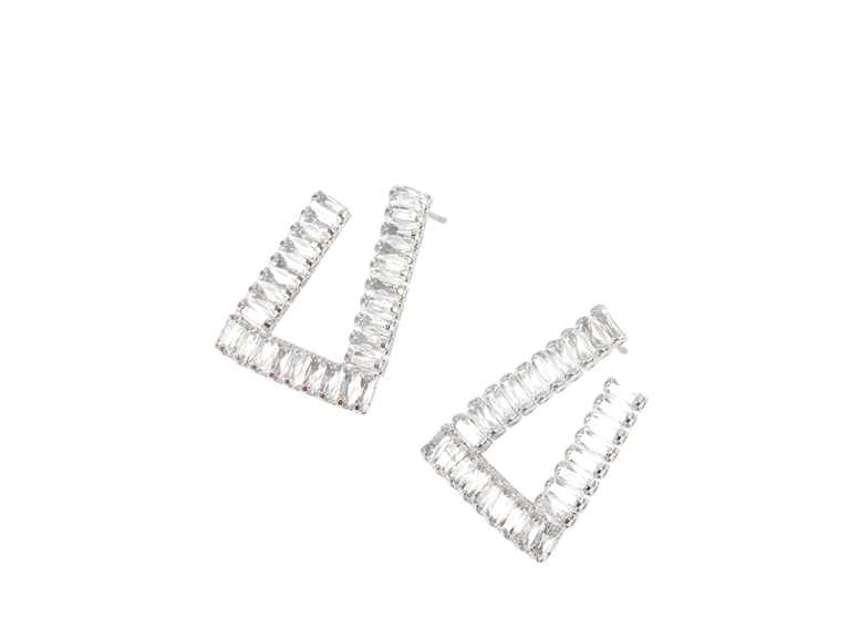 Silver V Shape CZ Stud Earrings