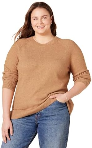 Amazon Essentials Women's Regular-Fit Soft Touch Long-Sleeve Crewneck Sweater, Camel Heather, Medium