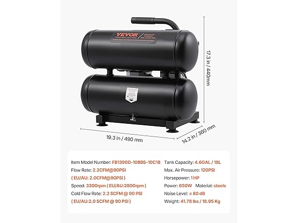 VEVOR Air Compressor, 4.6 Gallon Steel Tank